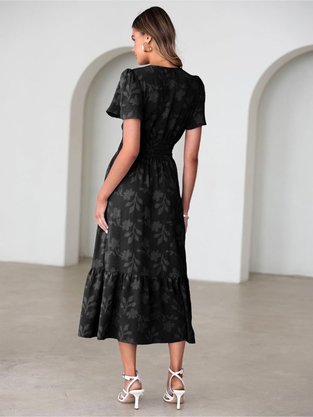 Women's Black Short Sleeve V Neck Empire Waist Floral Imported Maxi Dress - Picture 4 of 7